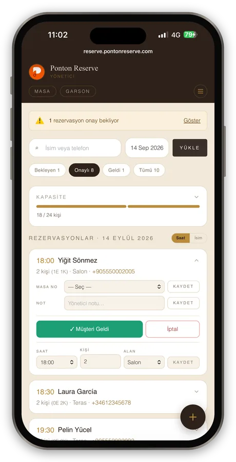 Ponton Reserve restoran yönetici paneli — masa ve rezervasyon görünümü